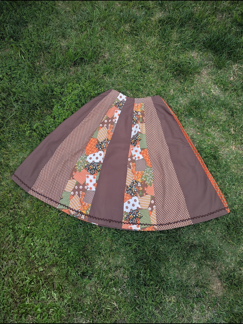 70s Handmade BoHo Hippy Prairie A-Line Patchwork Skirt S/M